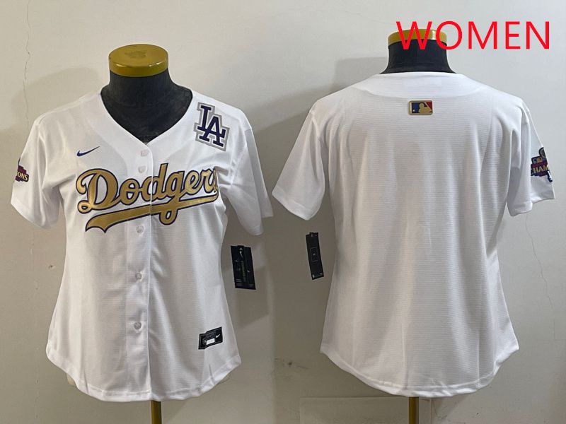 Women Los Angeles Dodgers Blank White Champion gold character 2025 Nike MLB Jersey style 3->women mlb jersey->Women Jersey